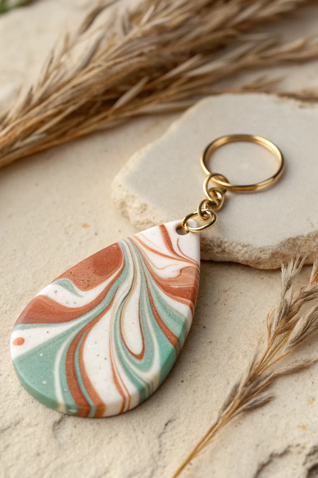 Minimal marbled swirl clay keychain in 2–3 colors, satin finish, clean contrast and cozy boho vibes