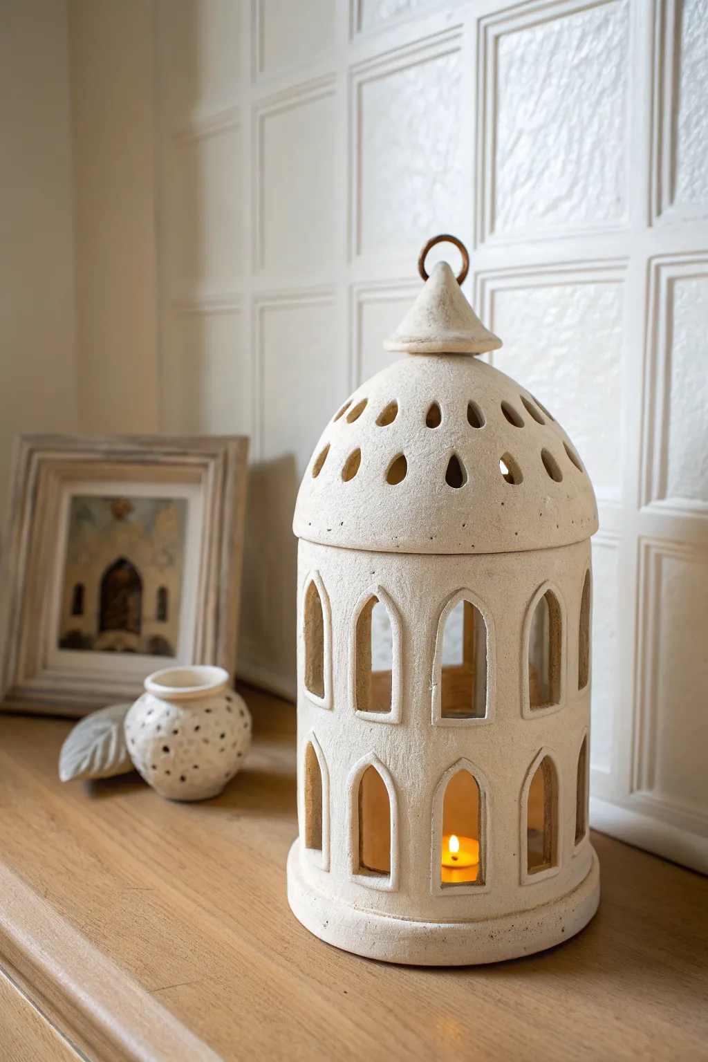 Moroccan arch cutouts meet Nordic calm, casting crisp, repeating window shadows.