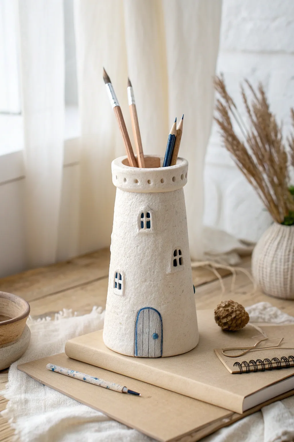 Minimal air-dry clay lighthouse pencil holder with soft boho accents, perfect for a calm desk