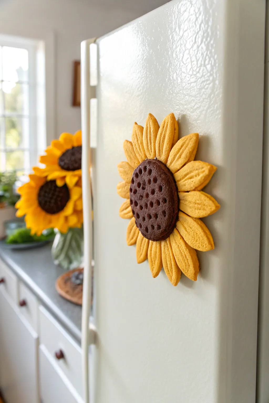 Bright sunflower clay magnet with chunky petals and dotted center, a sweet kid-friendly project.
