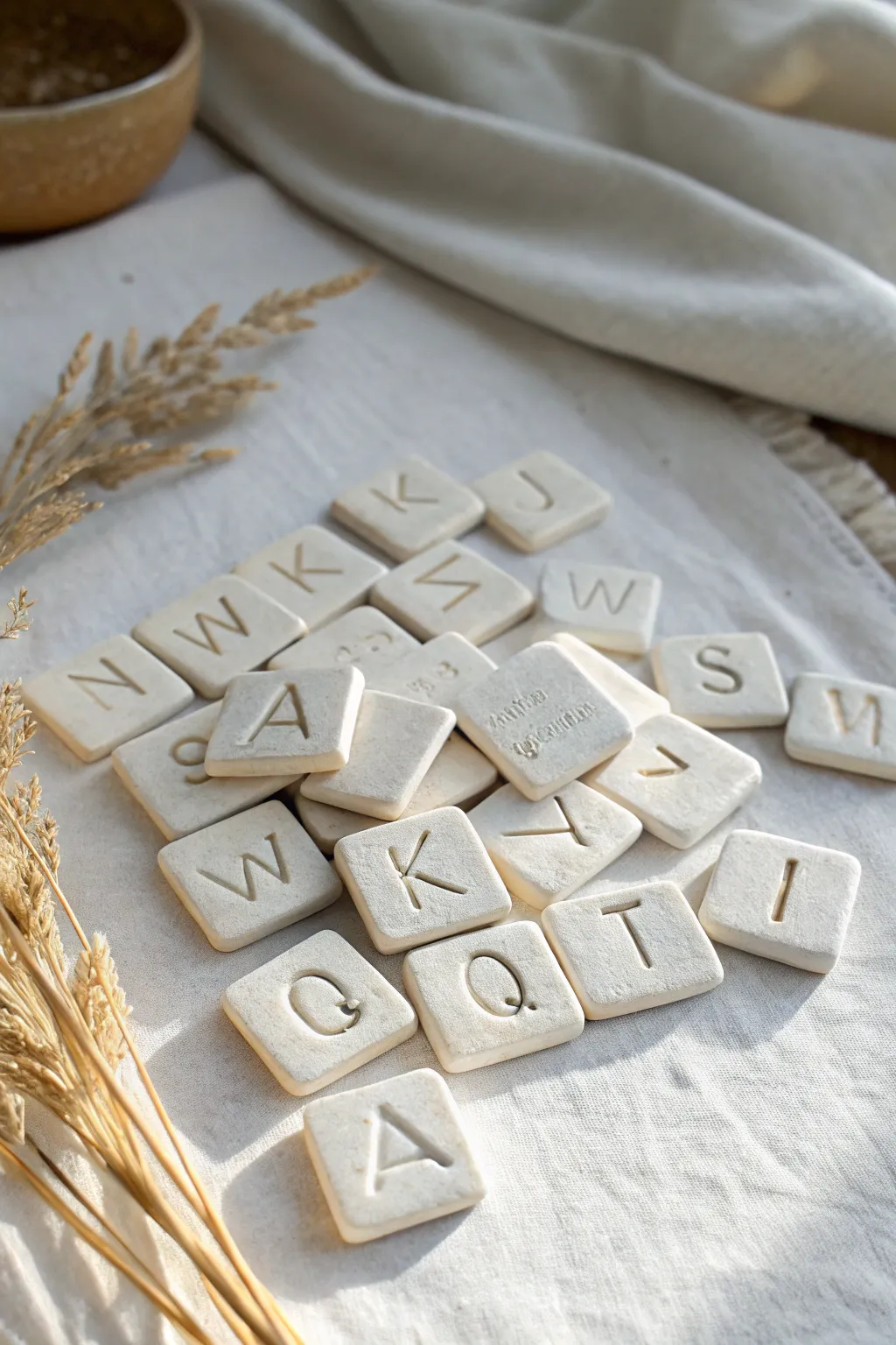 Handmade clay alphabet tiles in a soft neutral palette, perfect for cozy games or decor.