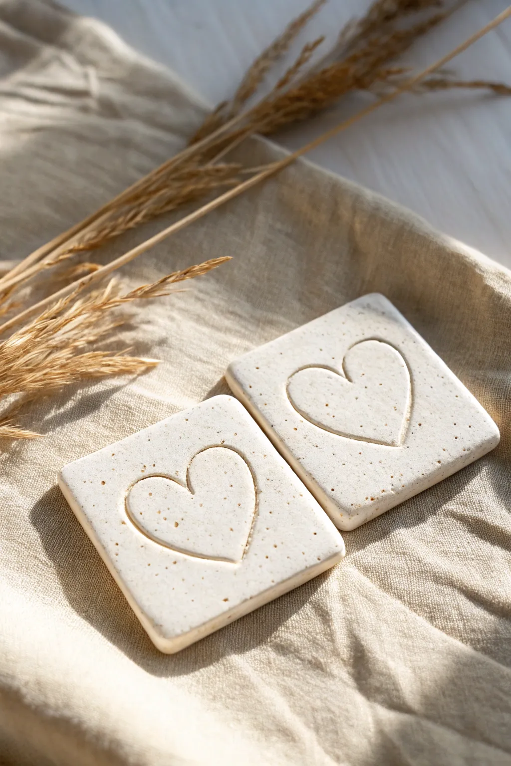 Two handmade message tiles that complete one shared love note, a simple couples clay idea.