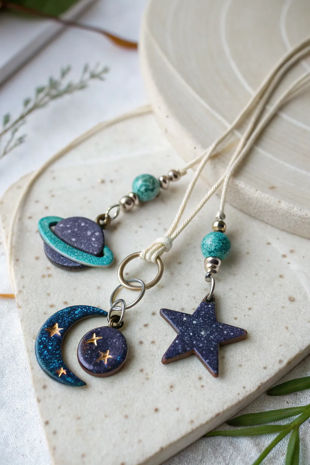 Glow-style clay space charms: a planet, star, and moon with dreamy cosmic sparkle.