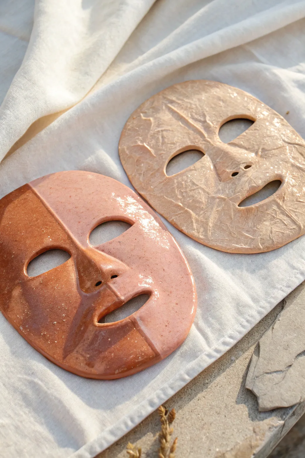 Split-finish clay mask: one half glossy, one half matte, showcasing texture and contrast beautifully