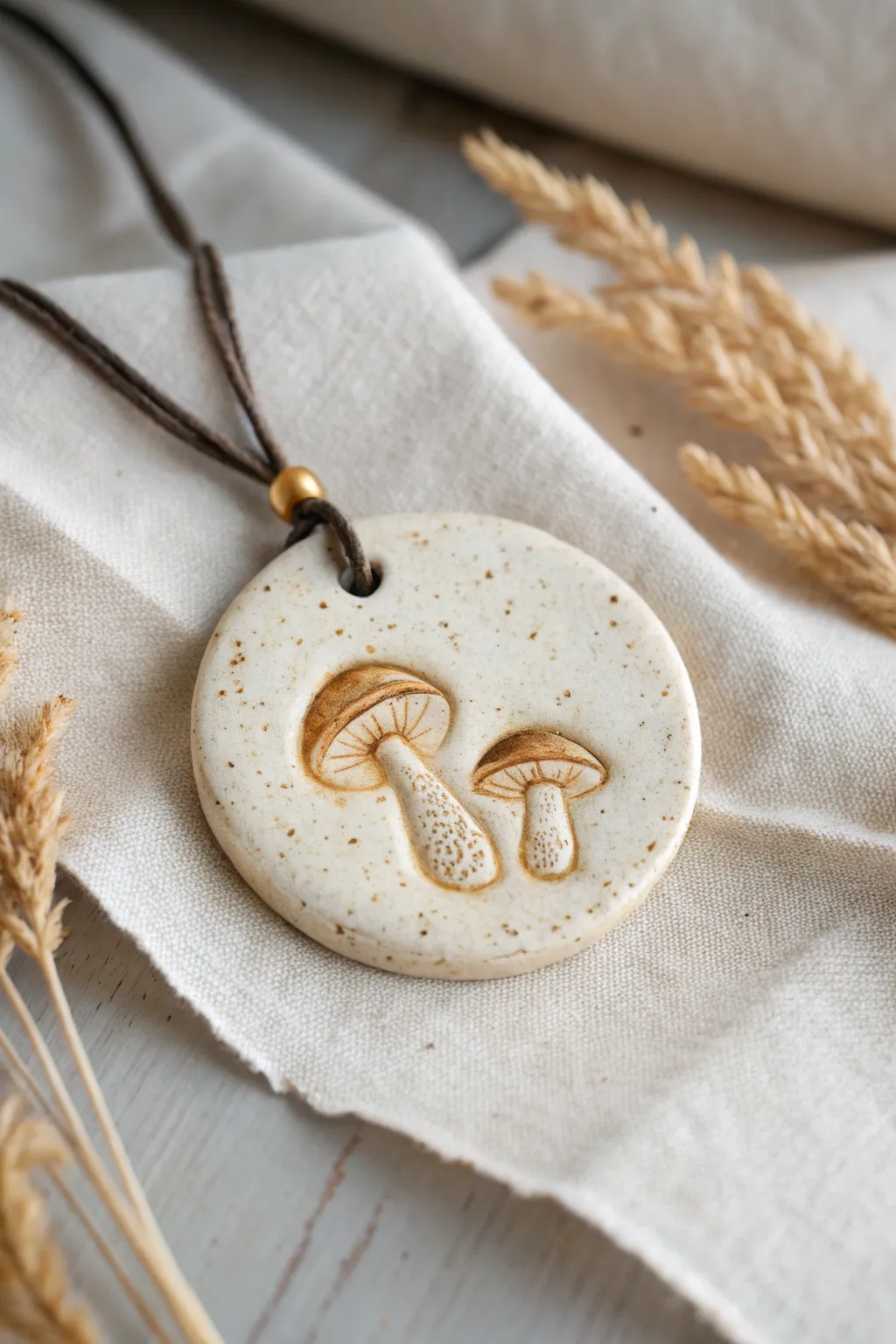 Tiny mushroom relief clay medallion in speckled stoneware, minimalist Scandinavian boho style.