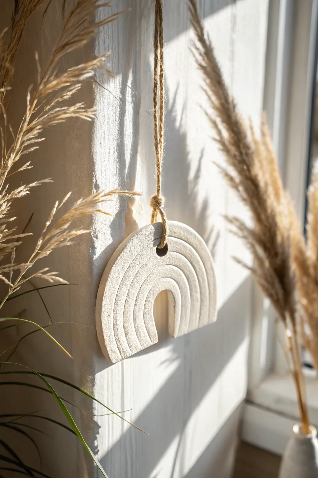 Minimalist clay suncatcher with simple cutouts, glowing softly as it hangs in a sunlit window