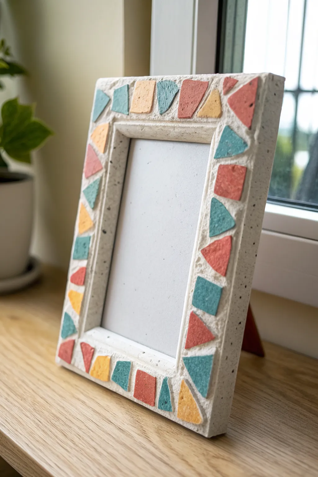 Chunky mosaic clay frame for kids, bright and joyful against a calm Scandinavian minimal backdrop.