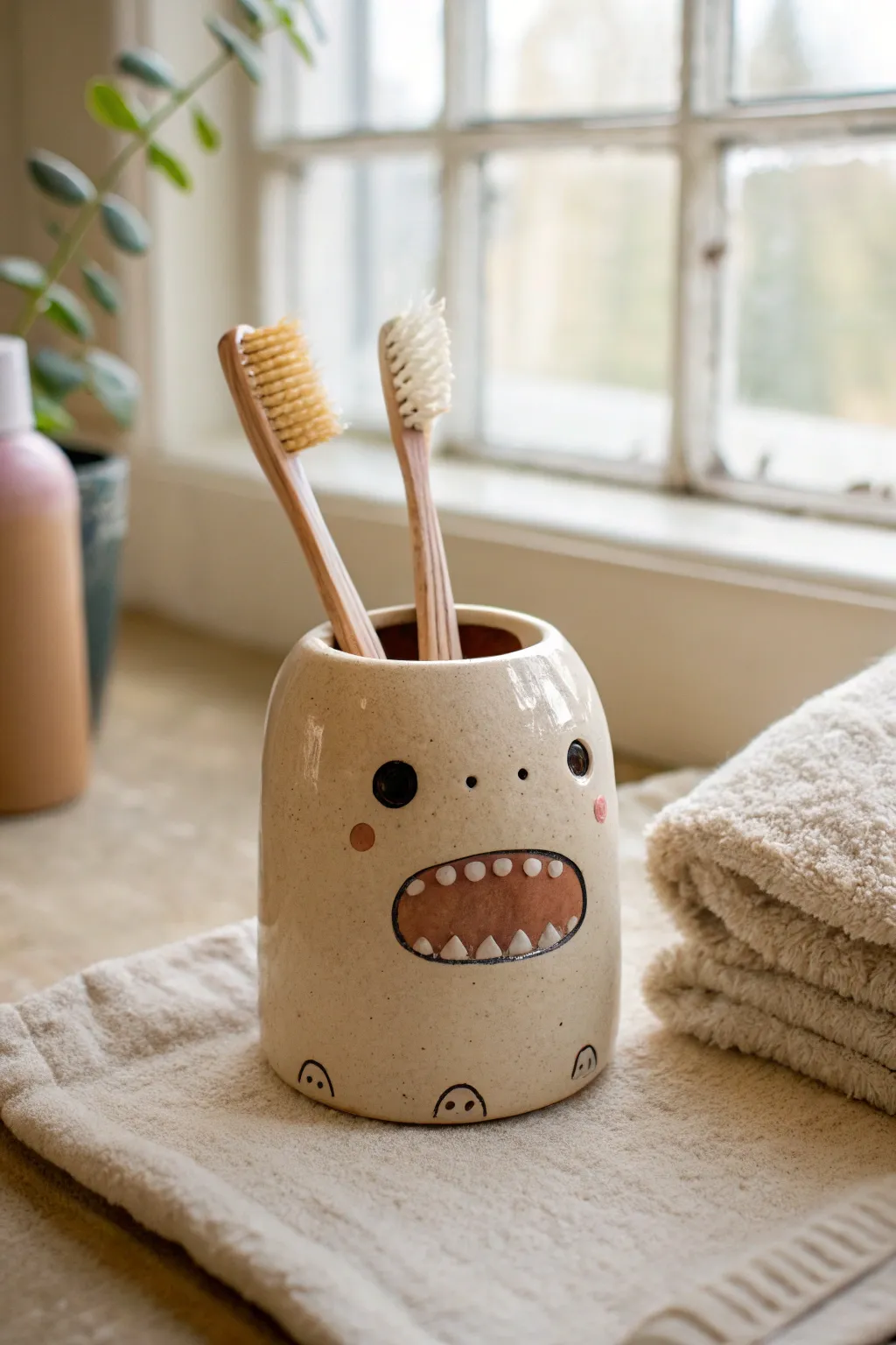 Friendly mouth monster toothbrush holder in glossy glaze, minimalist and cute with clean brush holes