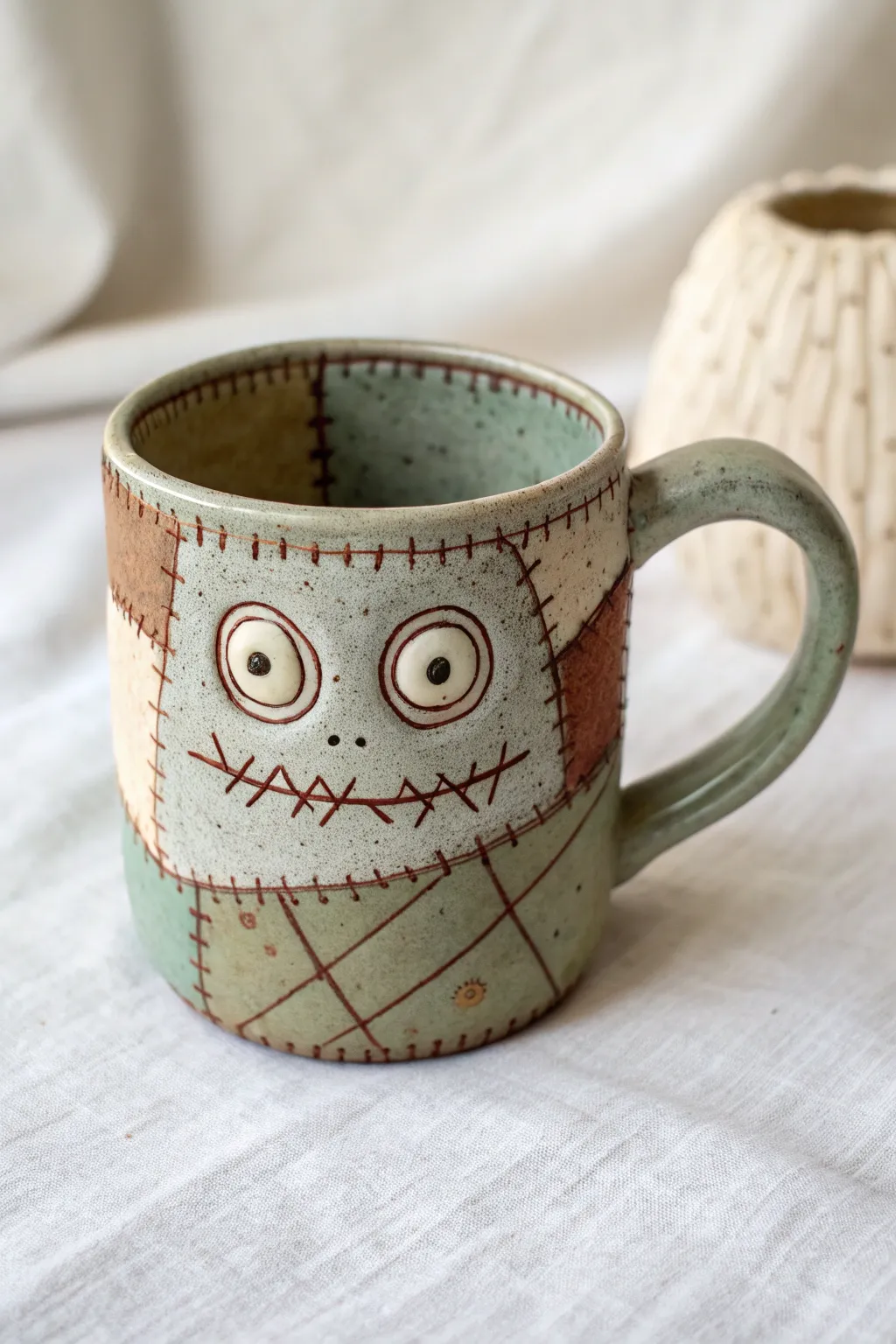 Stitched patchwork monster mug with mismatched eyes, cozy creepy charm for your tea ritual.