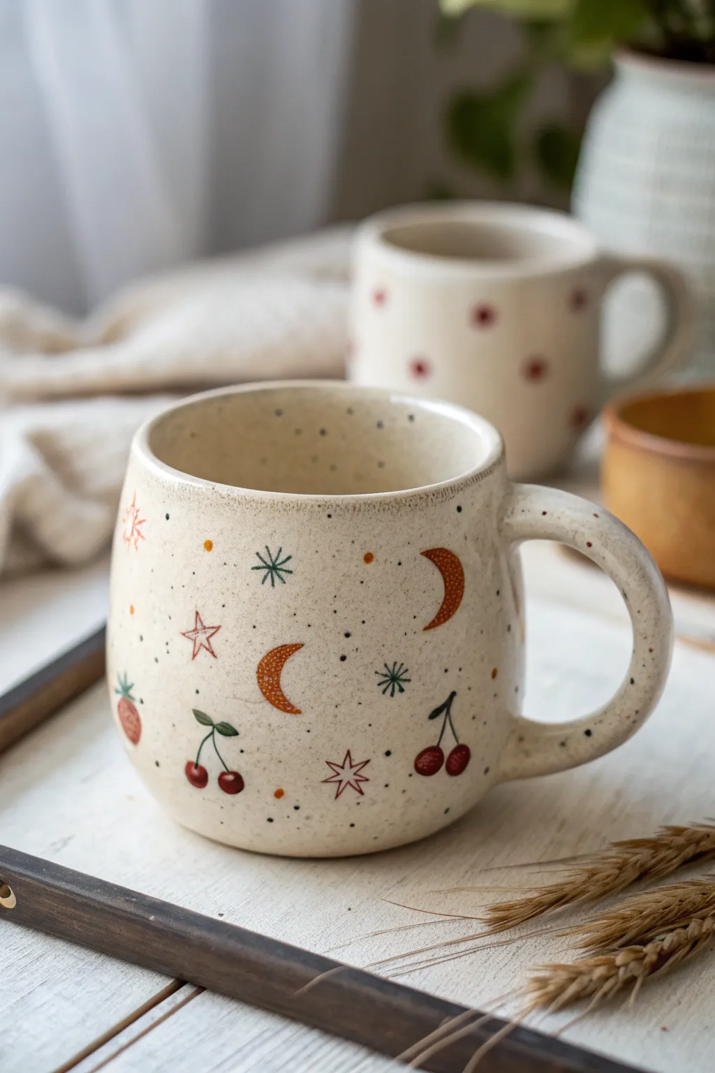 Mini icon scatter mug with stars, moons, cherries, and clouds for a cute minimalist look