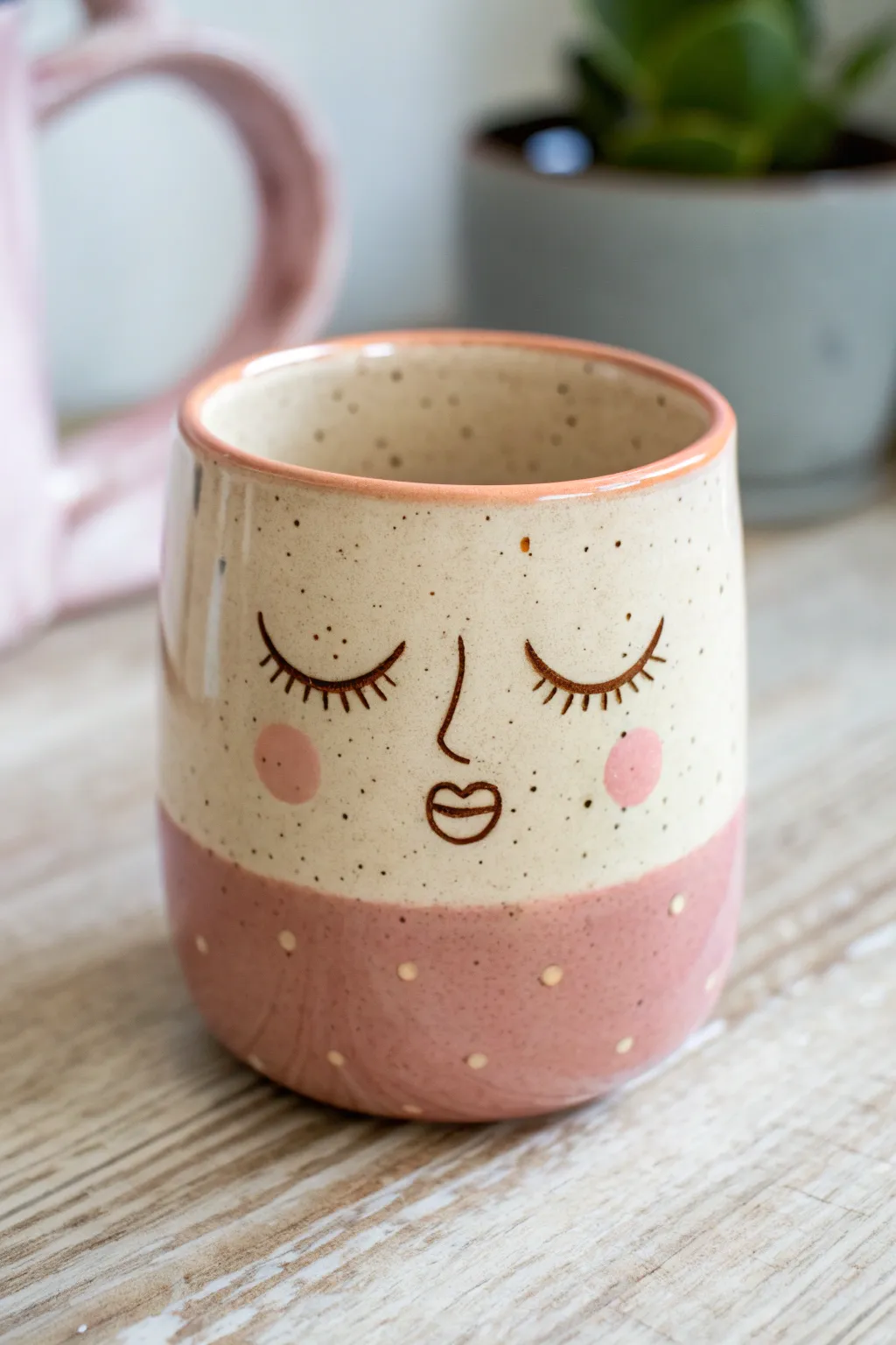 Kissy face clay mug with glossy rose lips and calm closed eyes, minimalist and sweet