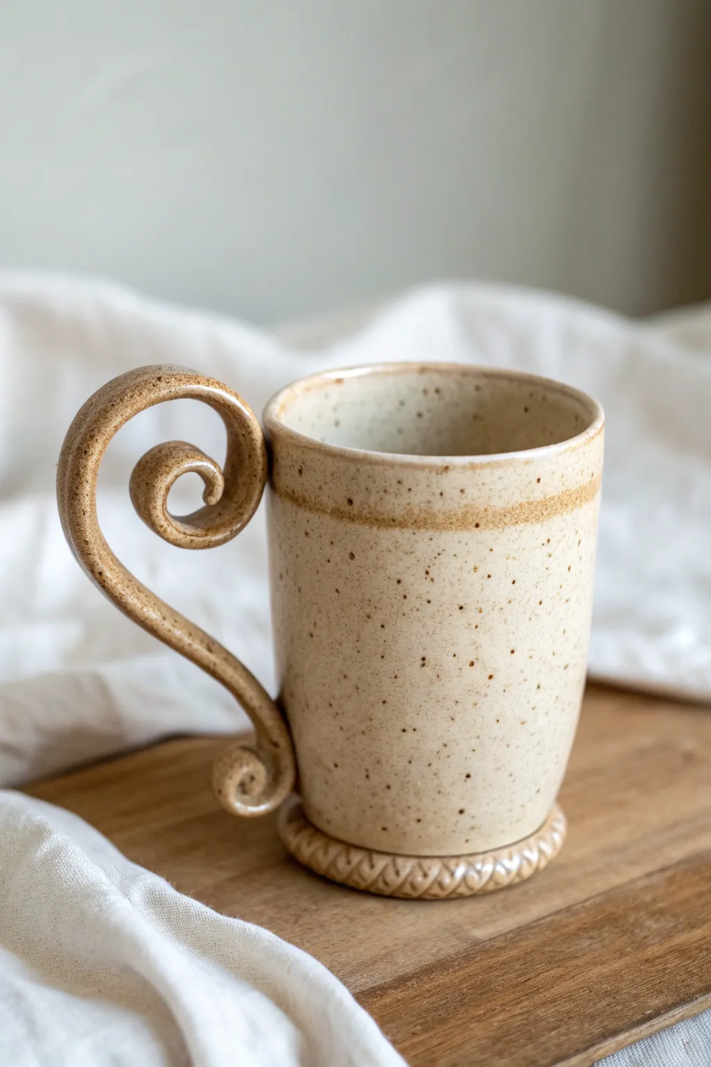 Elegant scroll-end handle mug with soft satin glaze and clean Scandinavian contrast