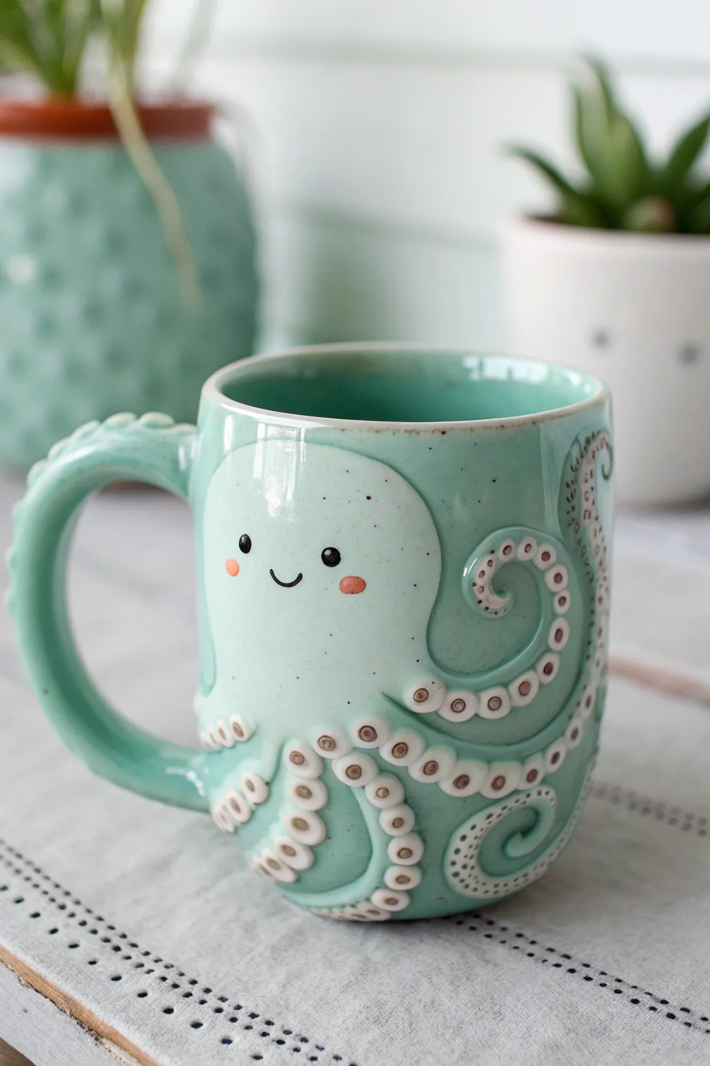 Seafoam octopus mug with a tentacle-wrap handle, simple Scandinavian charm with boho warmth.