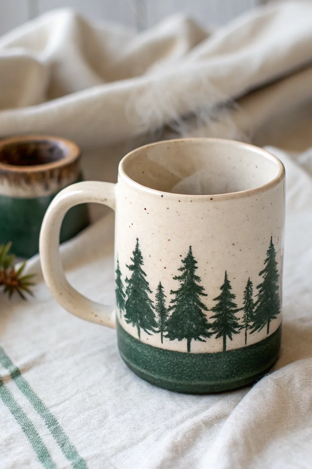 Minimal pine silhouette mug painting idea for cozy forest vibes in a calm Scandinavian setting.