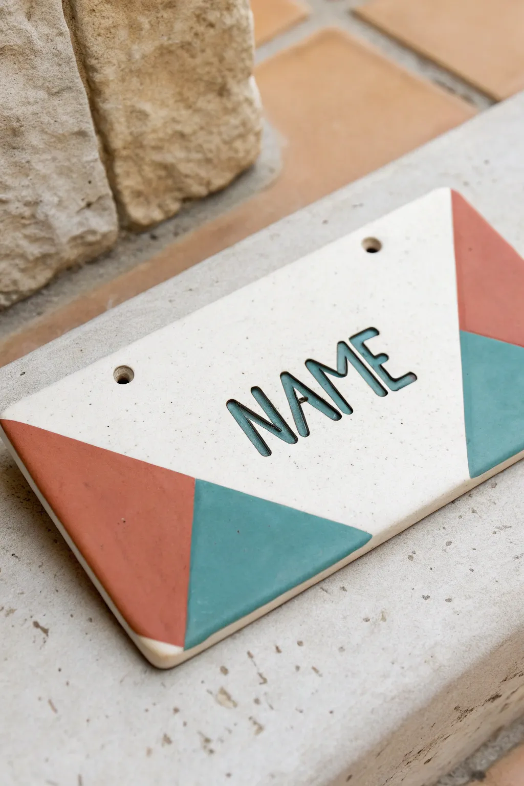 Bold color-block clay name plate with modern minimal lines and a soft boho Scandinavian vibe