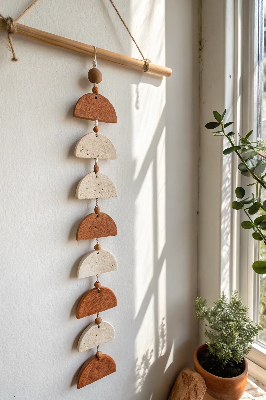 Minimalist clay geometric wall hanging in soft neutrals, a simple boho accent for calm spaces.