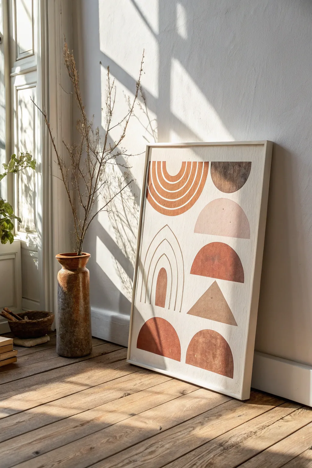 Abstract geometric clay shapes on canvas in soft neutrals, minimalist Scandinavian boho charm.