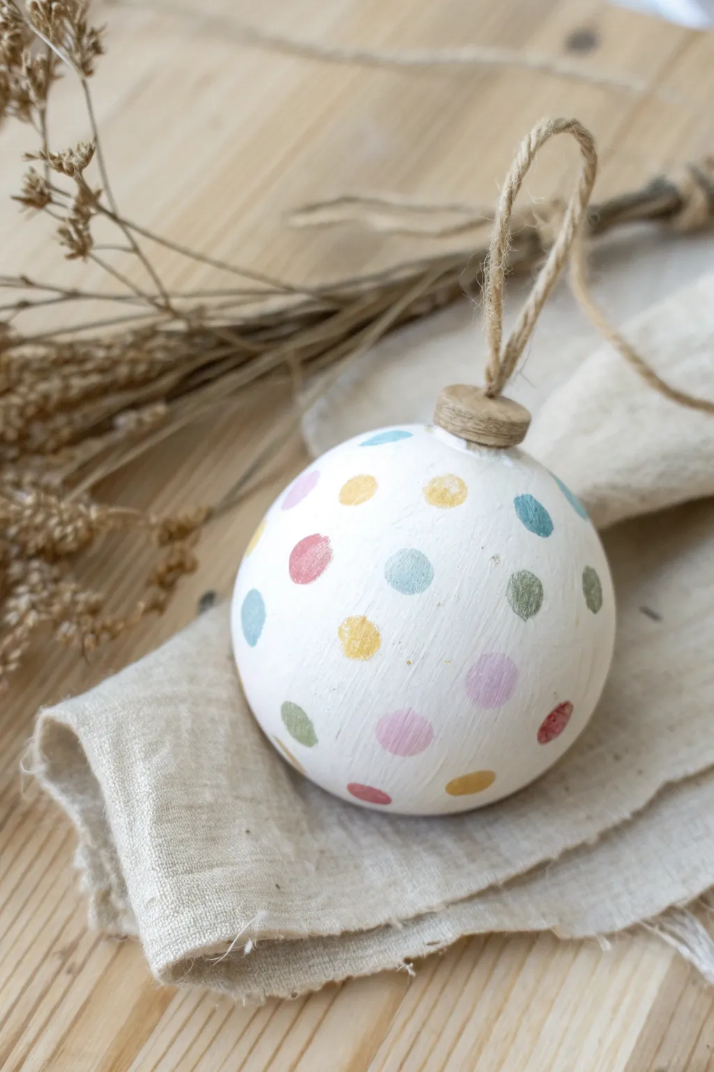 Playful polka dot clay bauble kids can paint, a minimalist handmade ornament with boho charm