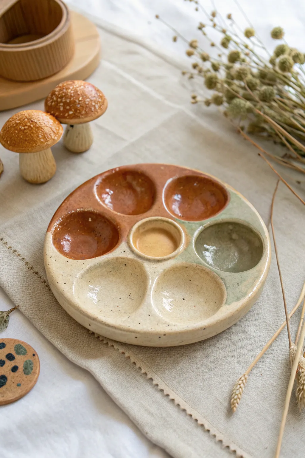 Earthy mushroom clay paint palette with sweet minimal boho style, perfect as a cute desk accessory.