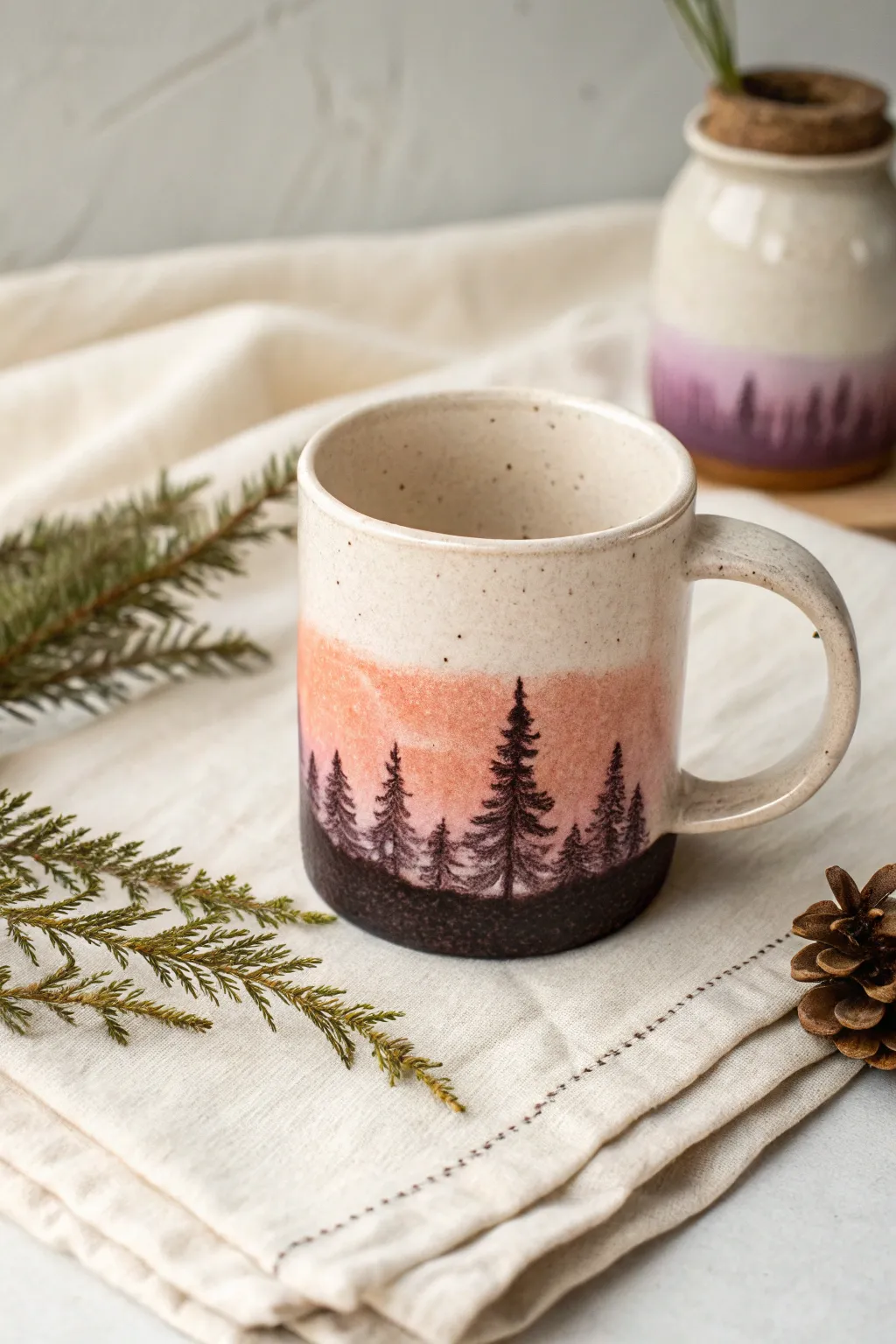 Minimal sunset mug with a bold pine silhouette band for an easy, dreamy clay painting idea