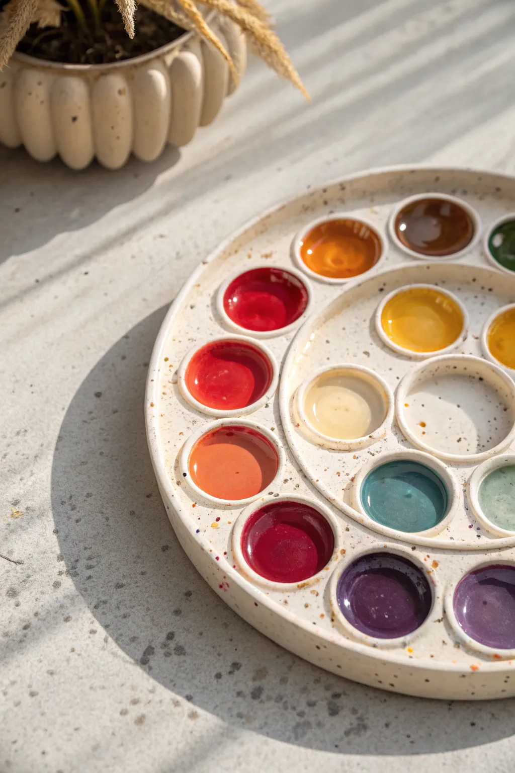 Rainbow ring palette in handmade ceramic, minimalist and boho, perfect for color-wheel mixing.