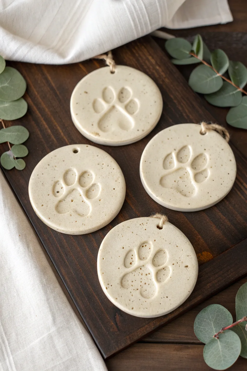 Coordinated clay paw print plaque set for the whole crew, simple, neutral, and display-ready.