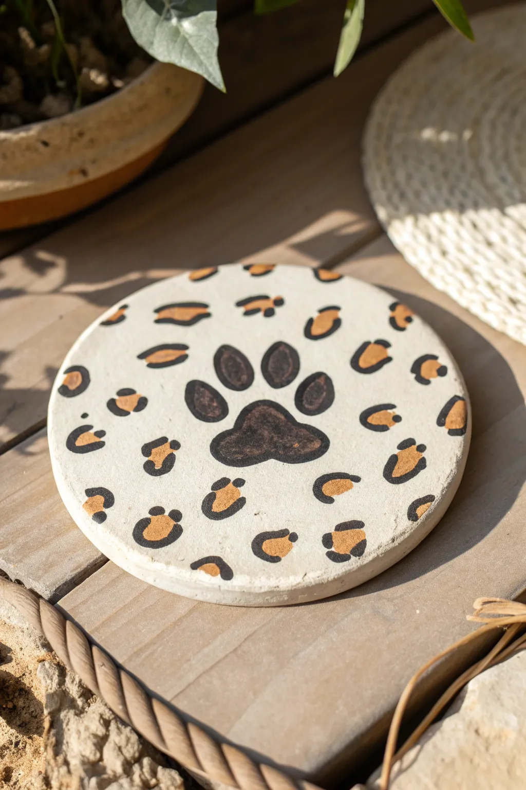 Minimal leopard spots on clay with a bold paw print center for a playful, modern finish.