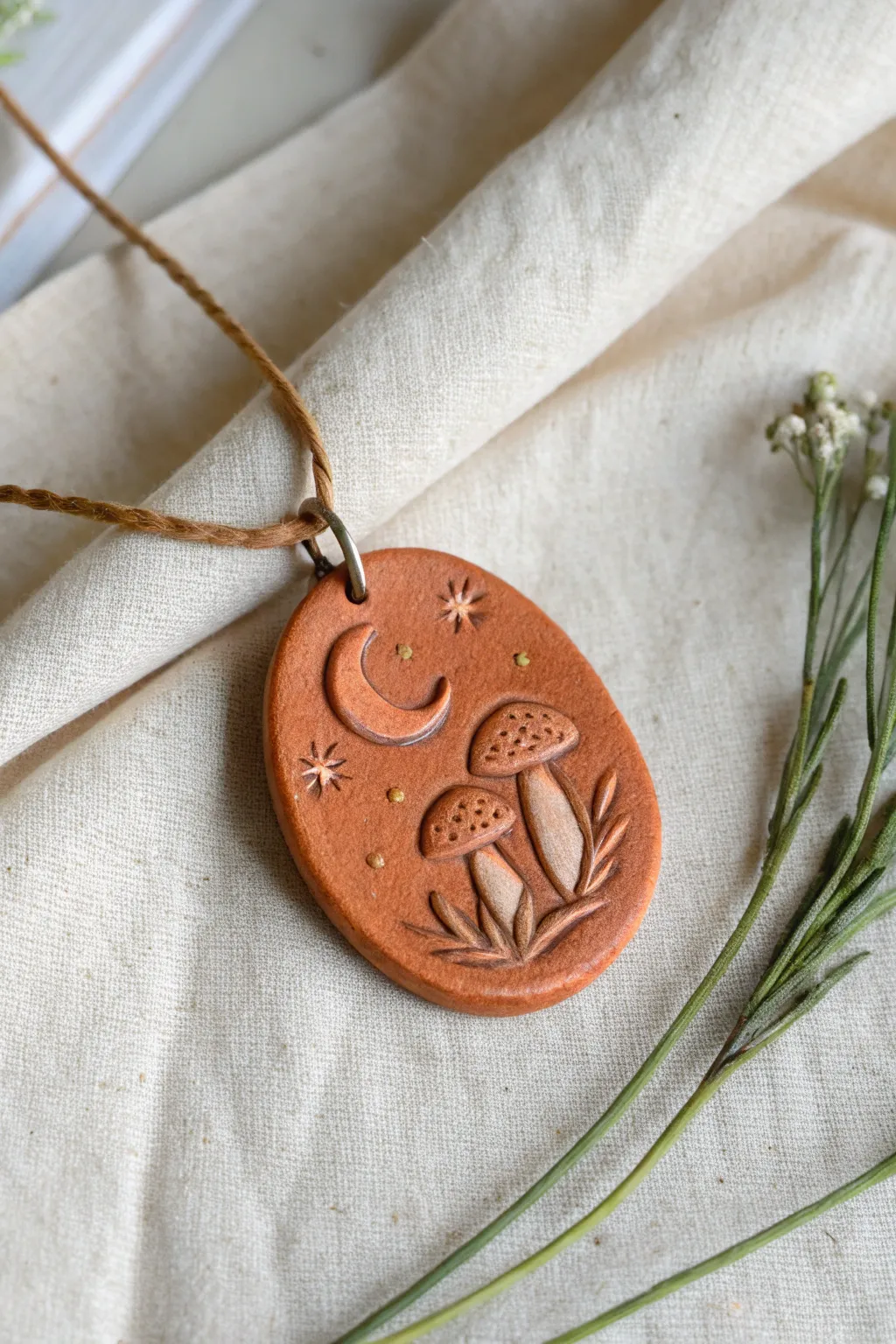 Mini oval clay pendant with a raised mushroom and moon relief, simple shapes with lovely depth