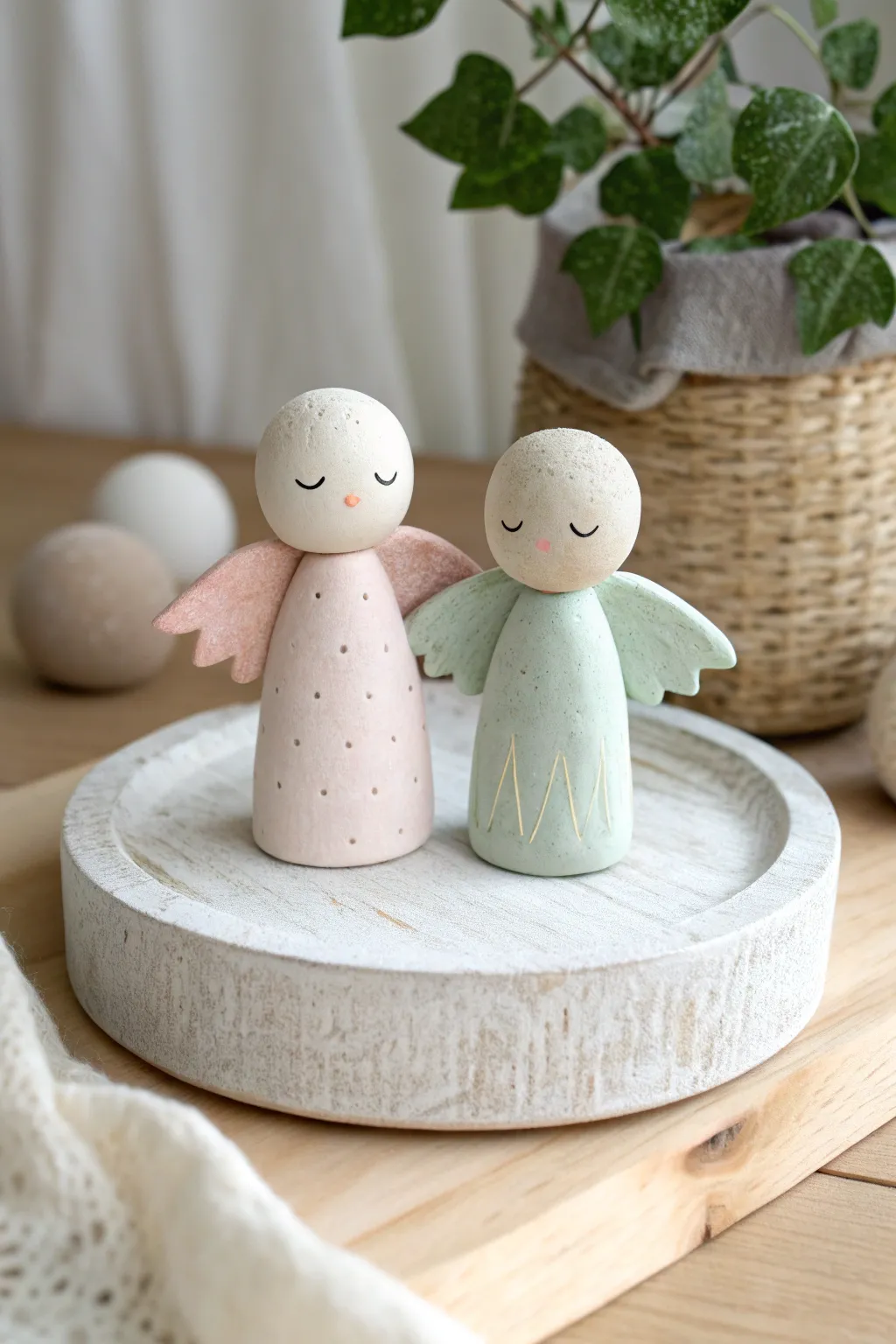 Cute fantasy clay duo with wings and a cape, simple shapes and soft pastels for magical charm