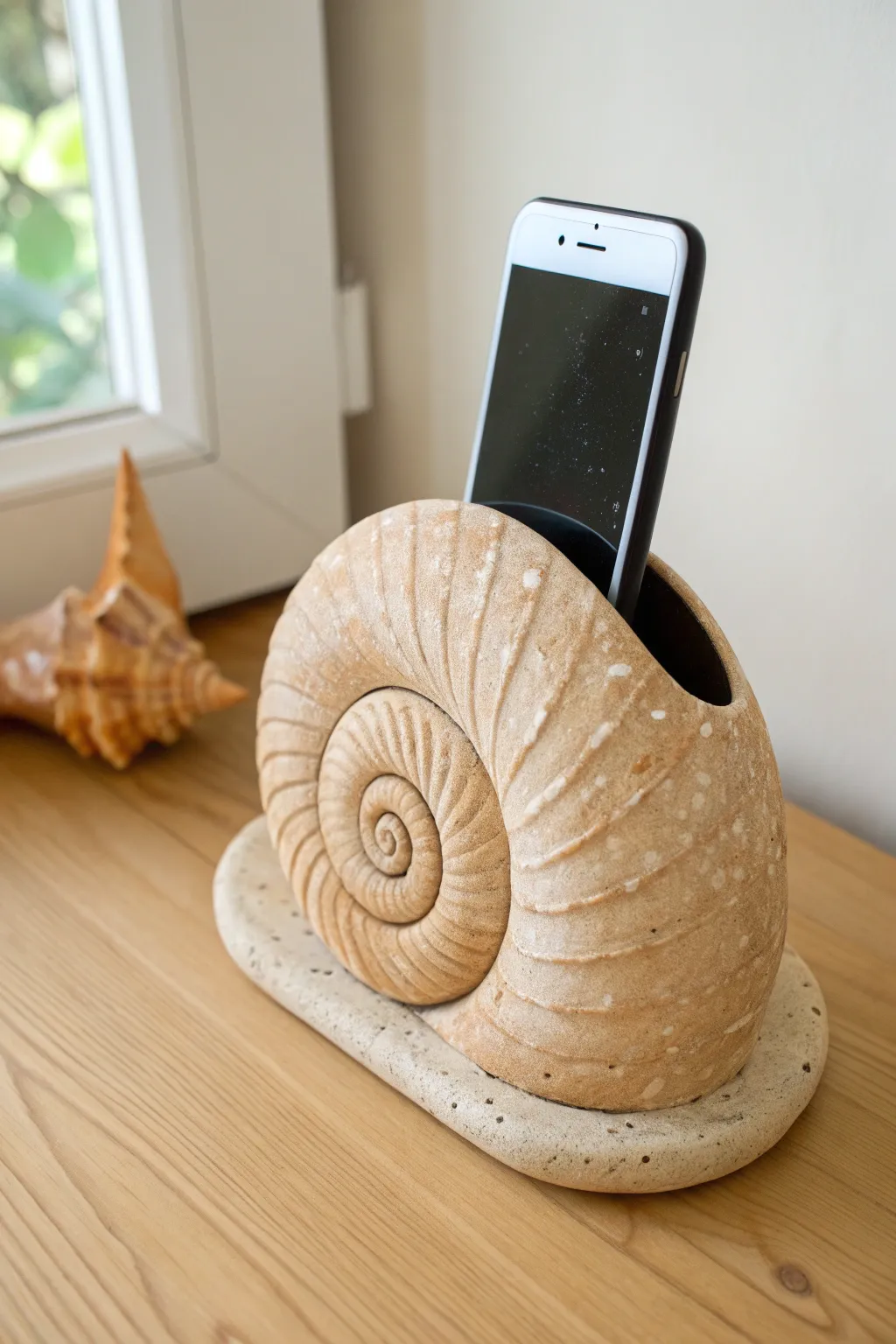 Snail shell spiral clay amplifier with a hidden phone slot and a crisp, natural sound outlet