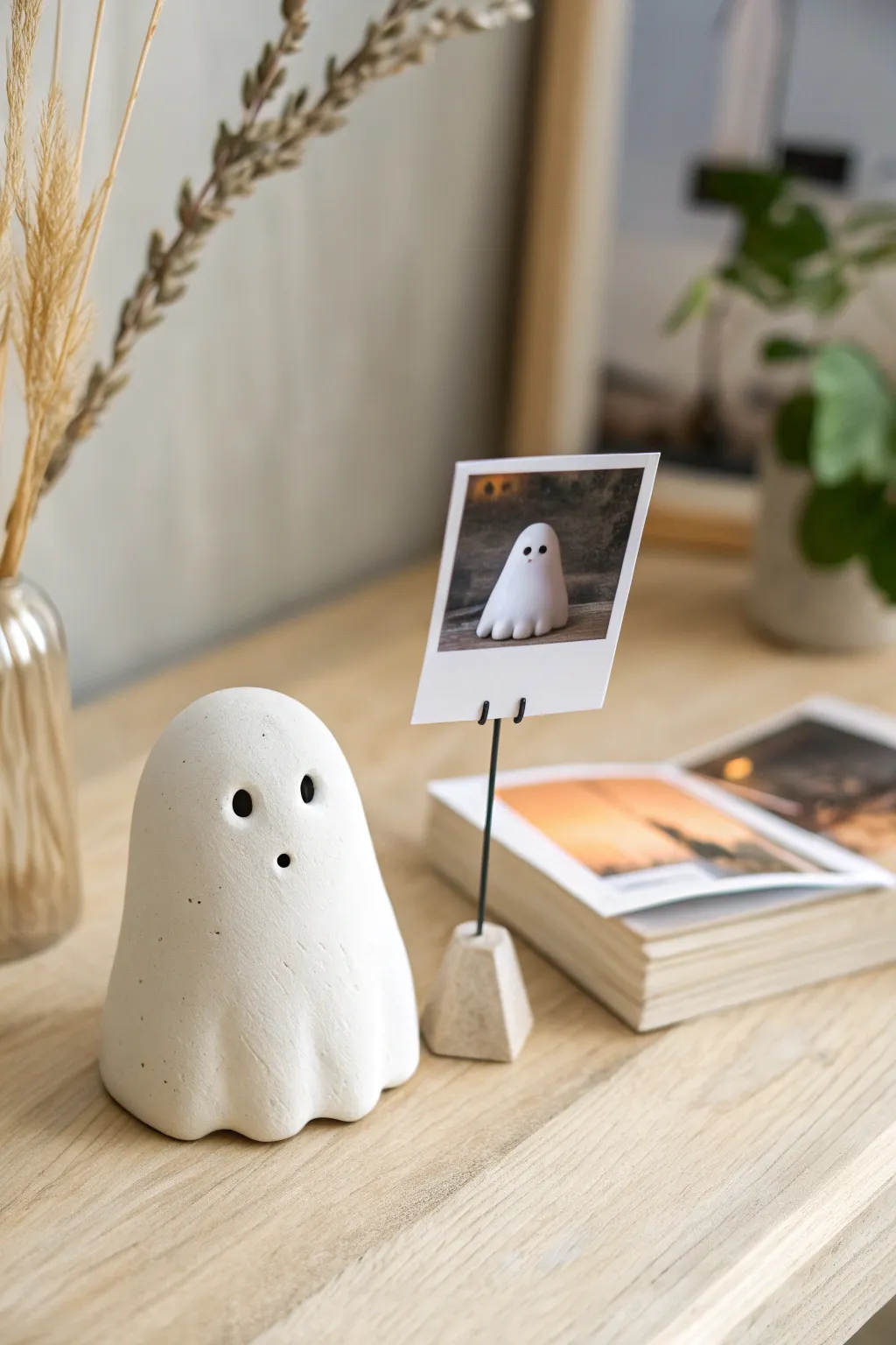 Beginner-friendly ghost photo stand in matte clay, perfect for cozy minimalist shelf styling.