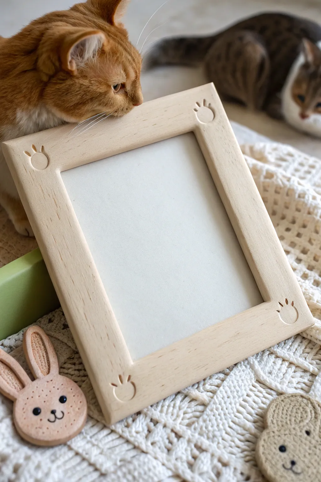 Minimal clay picture frame with cute animal corner peeks, Scandinavian calm with a boho pop