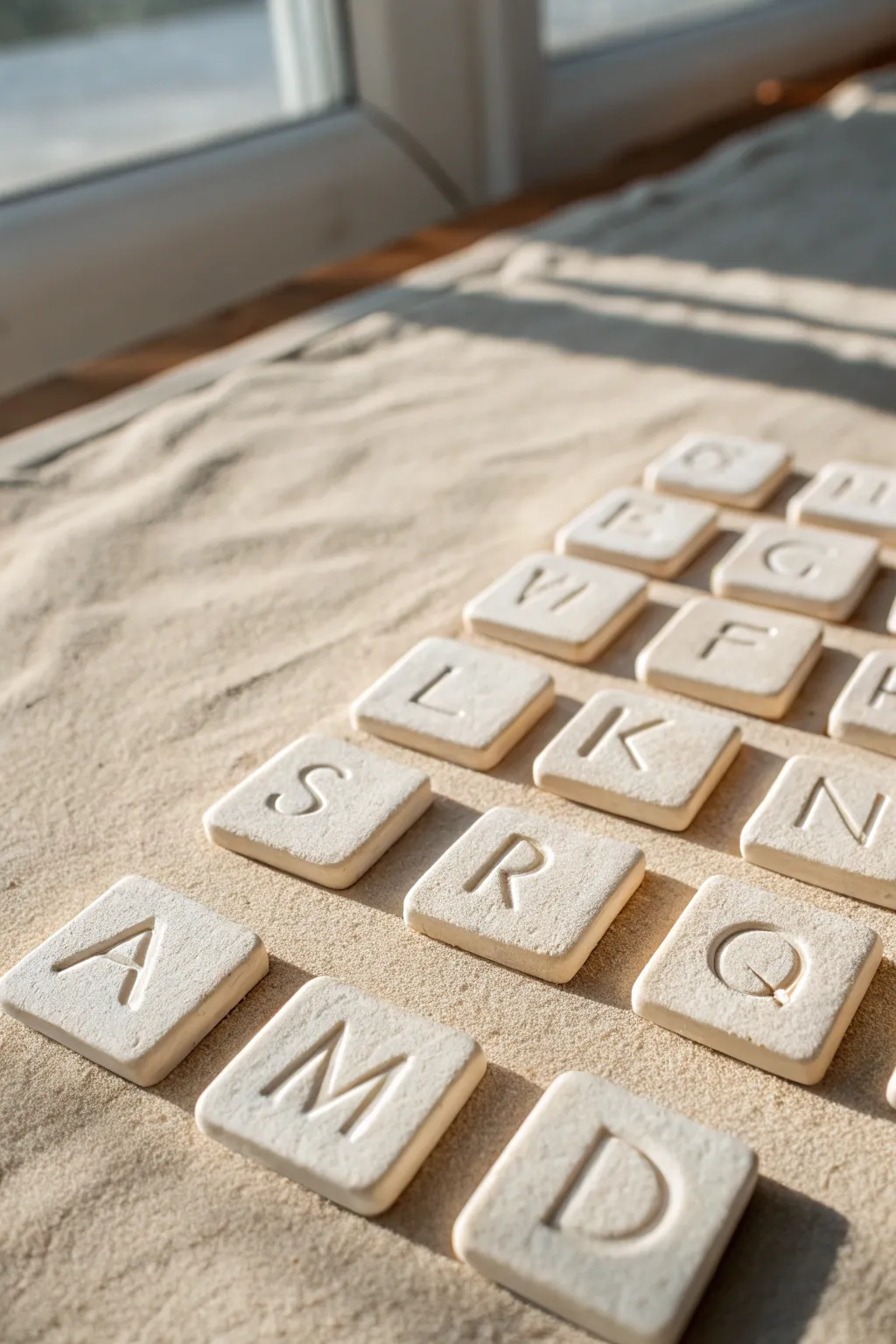 Minimal clay letter tiles in soft light, a cute name photo idea with clean Scandinavian style