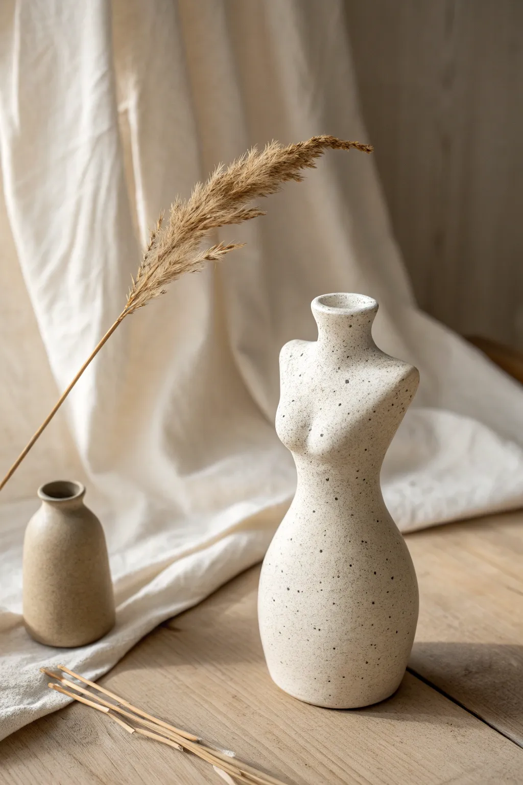 Minimal torso-inspired mini vase in warm light, a simple sculptural clay piece with soft curves.