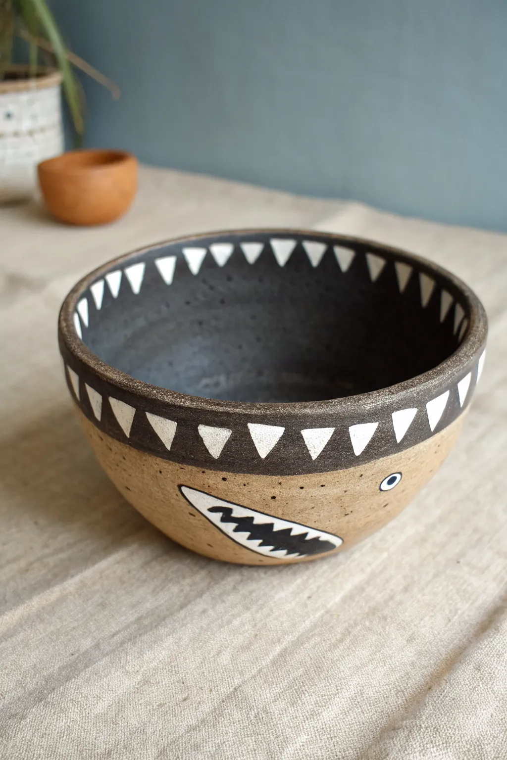 Open-mouth shark pinch pot bowl with bold graphic glaze, a playful handmade trinket catcher.
