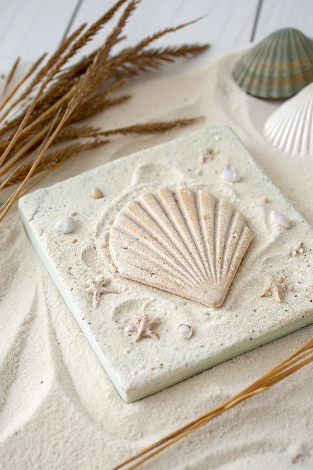 Coastal shell texture plaque in sea-glass tones, a simple handmade accent for calm walls.