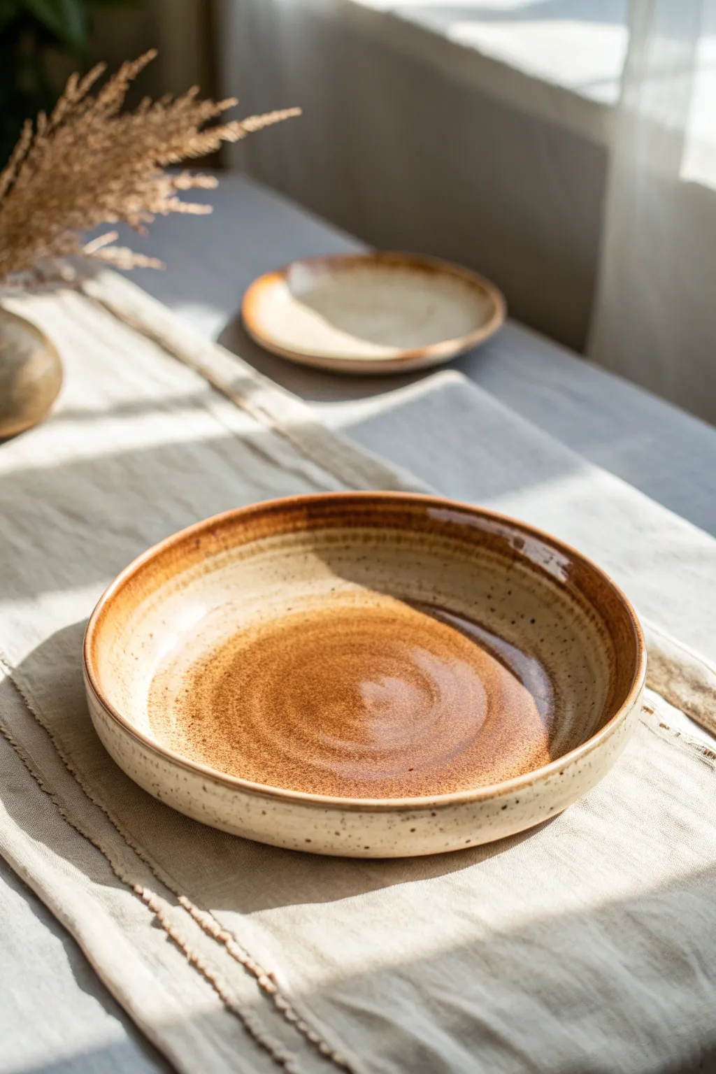 Reactive glaze pool in warm tones, glossy flow centered on a simple handmade plate