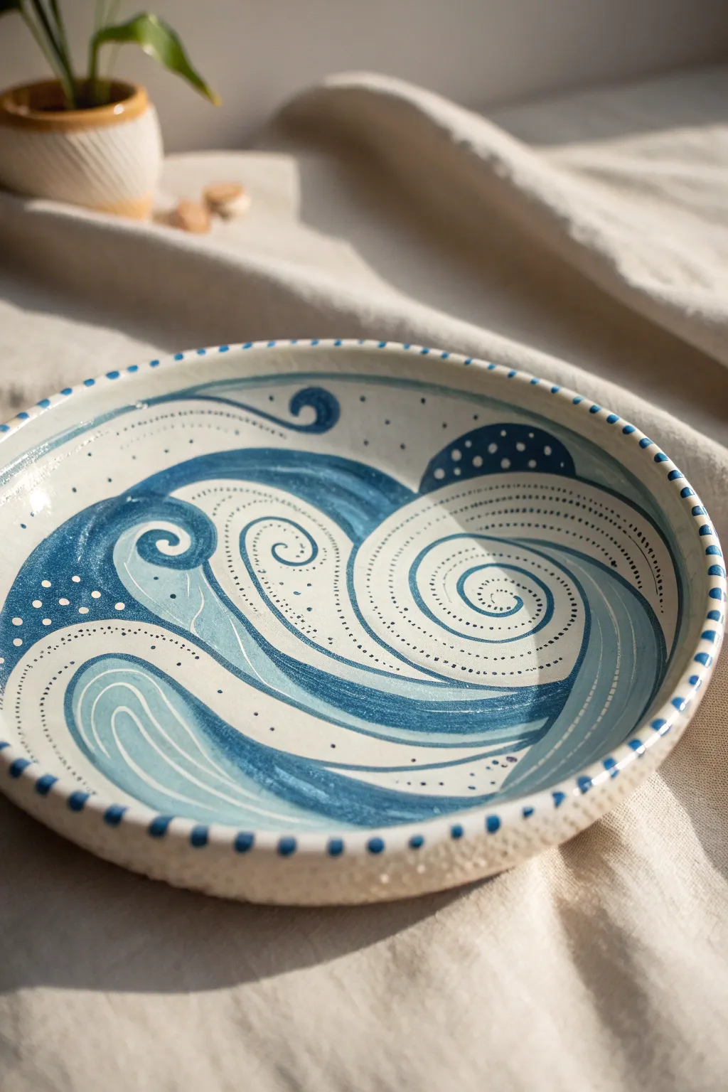 Ocean wave swirl plate in calm blues and whites, a simple DIY design with coastal charm.