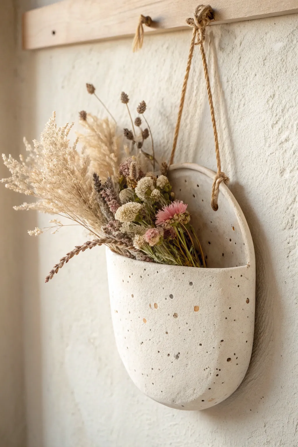 Minimalist gift clay pocket with subtle name stamping, dried florals, and a simple cord hanger