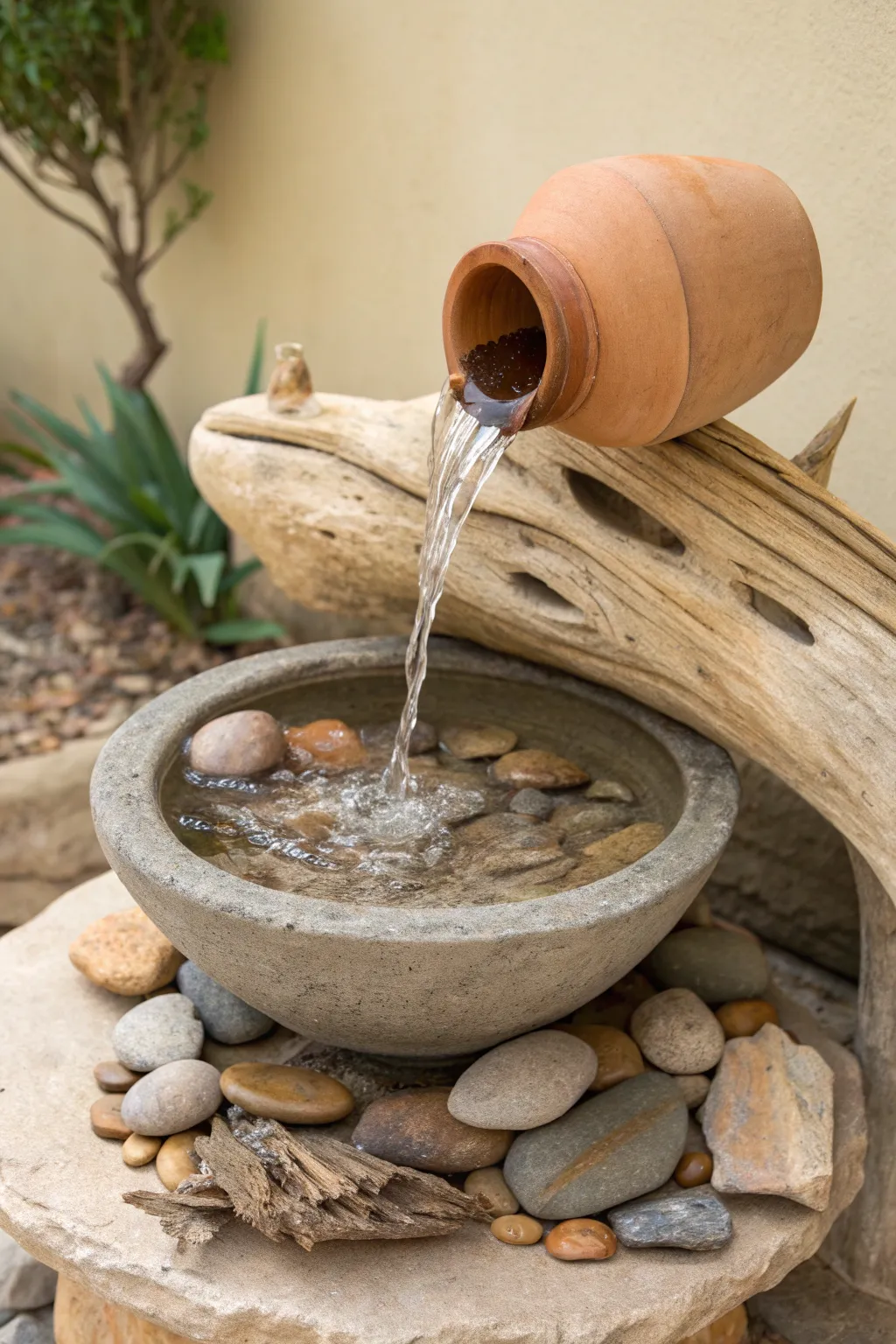 A tipped terracotta pot pours a frozen stream into a simple clay pond for a calm mini fountain look.