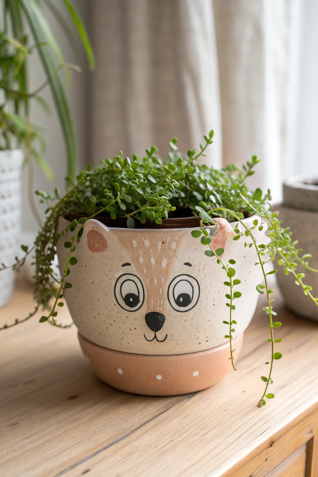 Cute creature face planter with leafy hair, handmade clay charm in calm Nordic tones.
