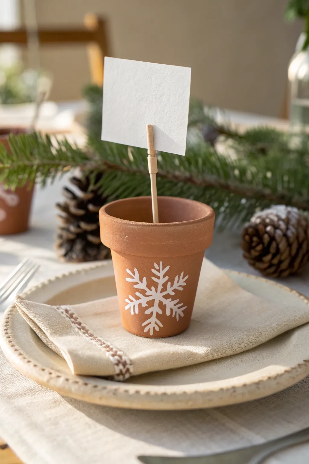Minimal terracotta place card holder adds cozy Christmas charm to a Scandinavian table setting.