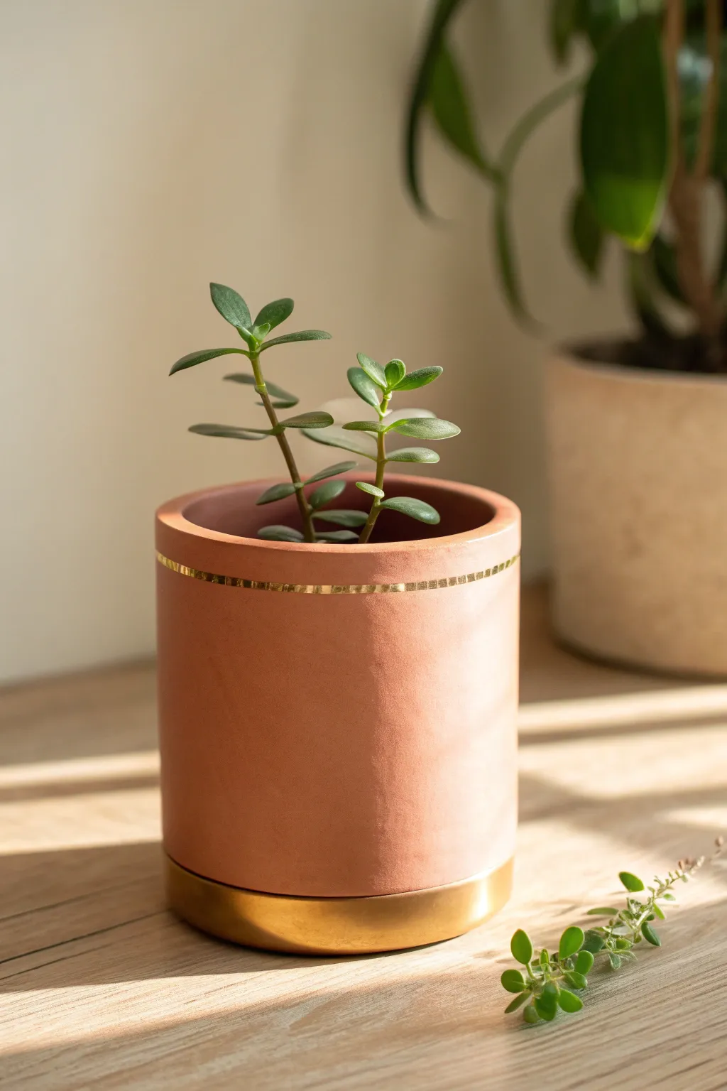 Matte clay pot with a slim metallic rim accent for an easy, elegant glow in any space.