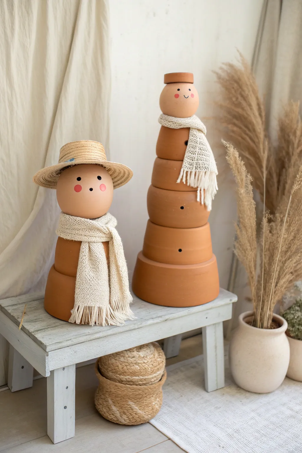 Two stacked clay pot people with sweet painted faces, simple accessories, and cozy boho vibes