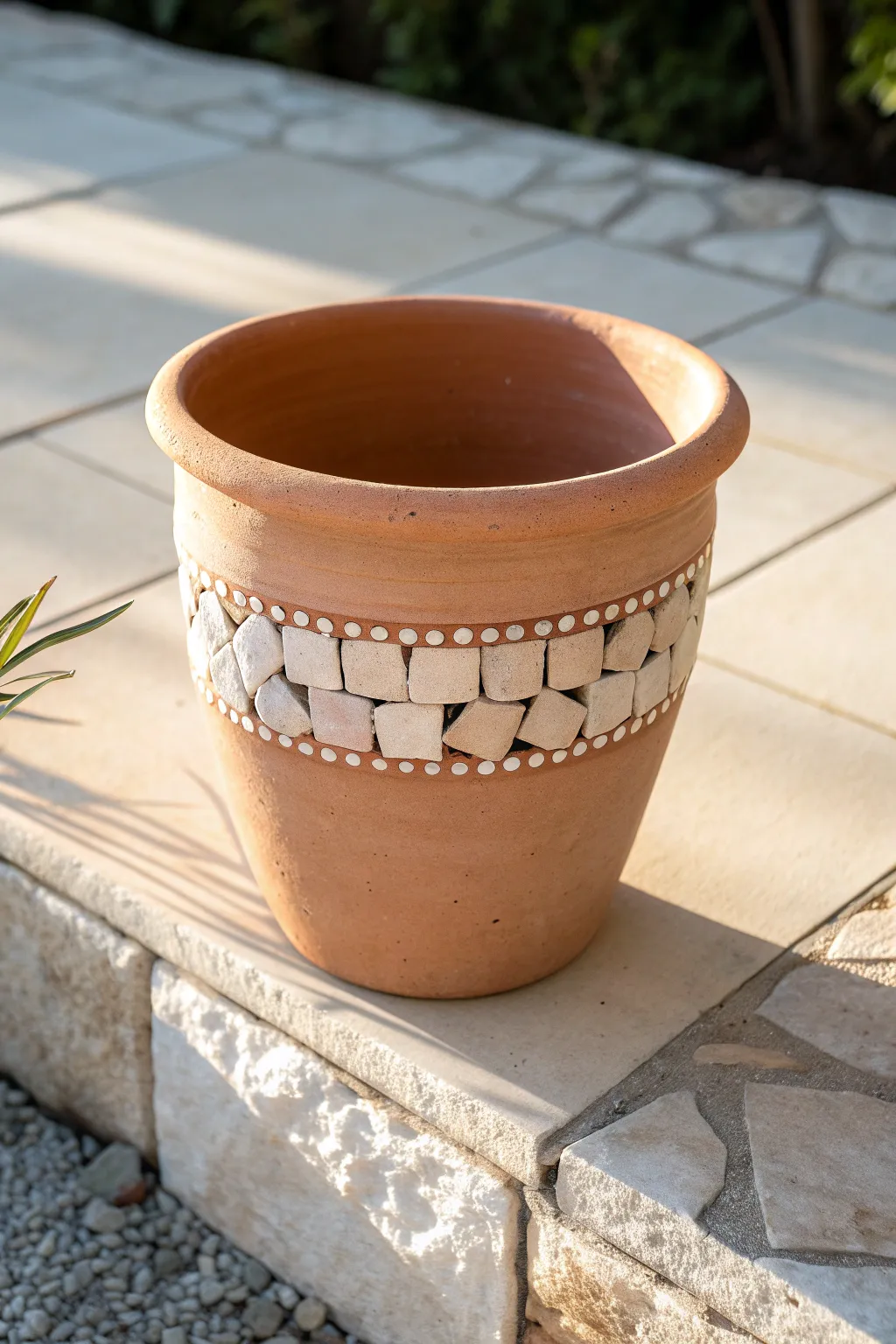Chunky mini mosaic tiles add subtle sparkle and dimension to a simple handmade pot