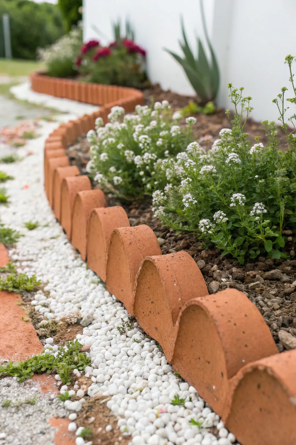Simple terracotta shard edging adds warm texture and structure to a lush garden bed