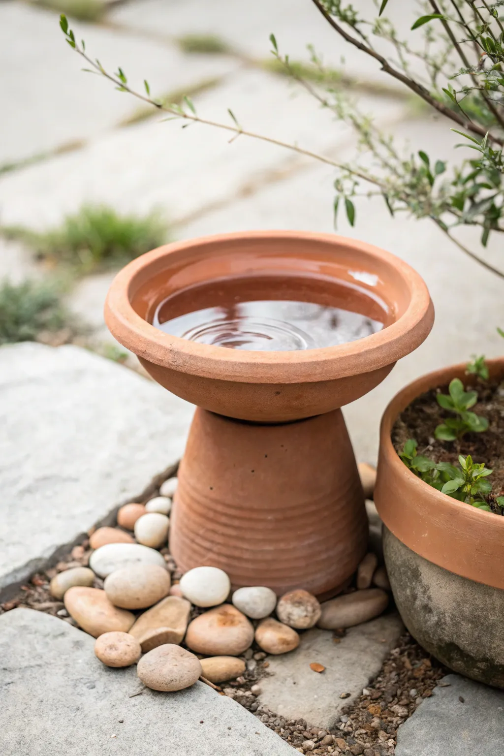 Upcycled terracotta pot bird bath with a matching saucer, simple, serene, and garden-ready.