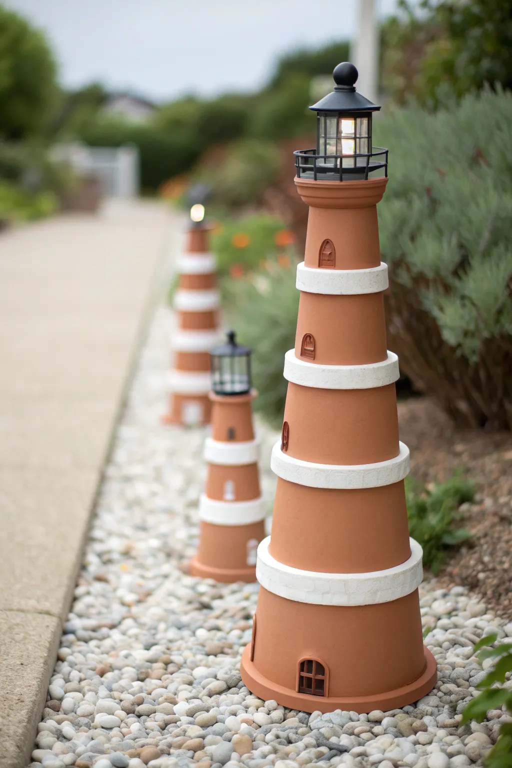 Extra-tall stacked terracotta pot lighthouse beside a garden path, minimalist boho charm.