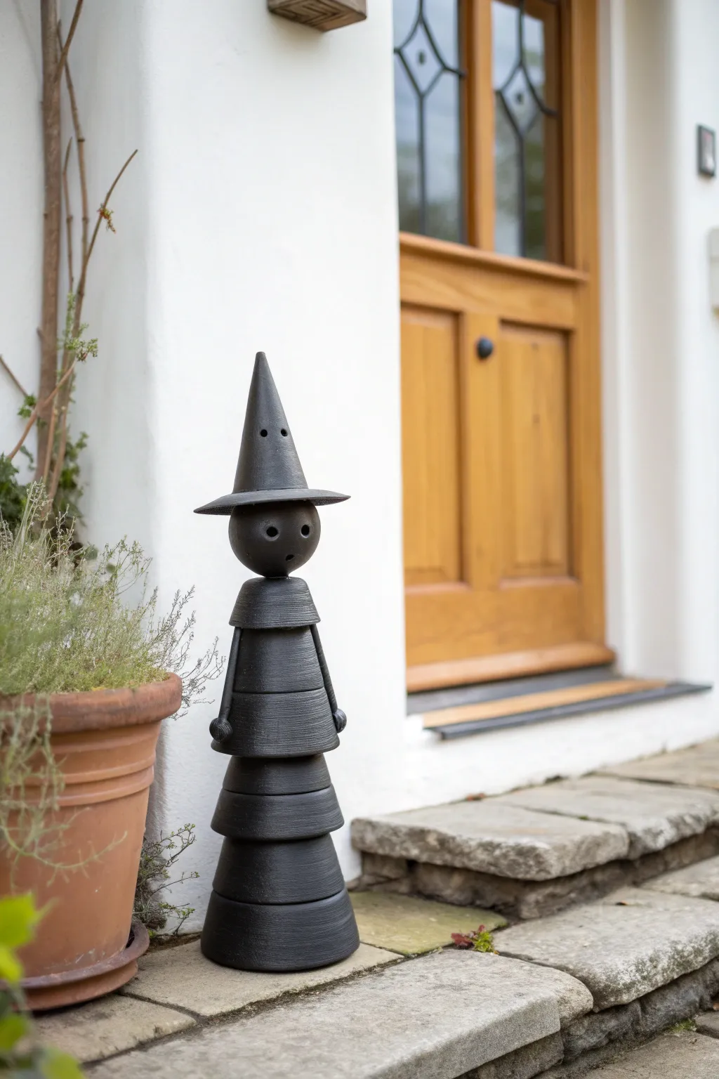 Witchy garden pot person with pointy hat, simple black clay pots, cozy Scandinavian doorstep decor