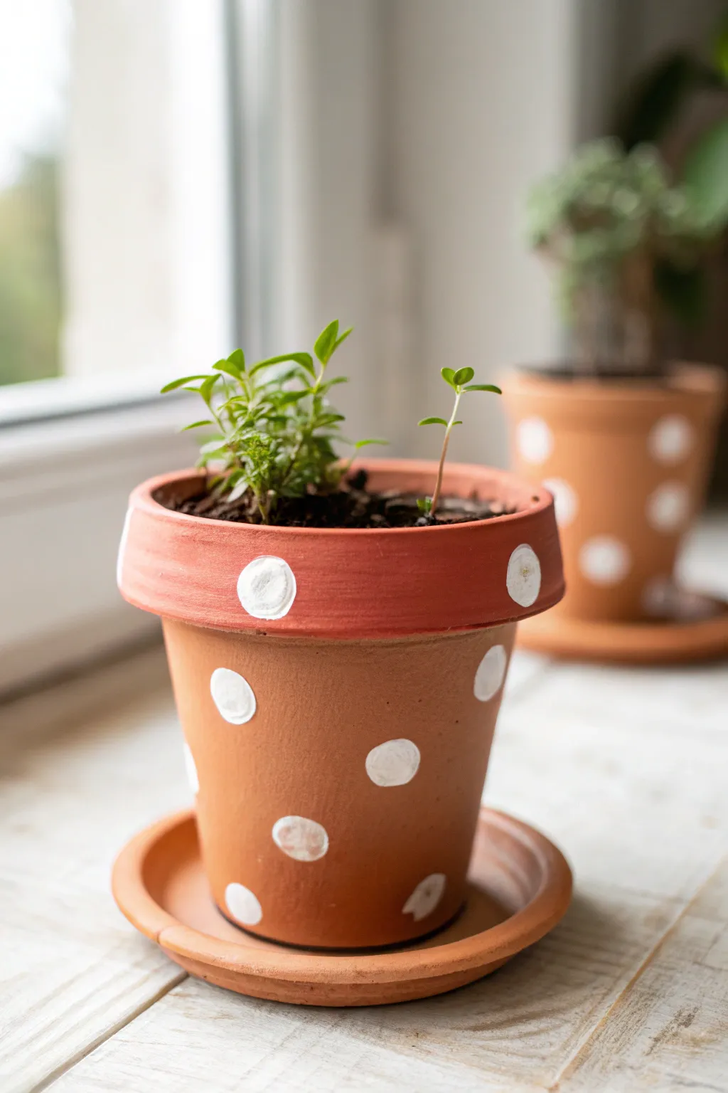 Turn a tiny terracotta pot into a sweet mushroom planter with a saucer cap and simple spots.